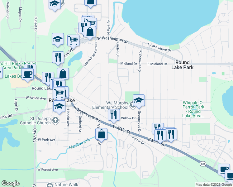 map of restaurants, bars, coffee shops, grocery stores, and more near 136 Dartmoor Drive in Round Lake Park
