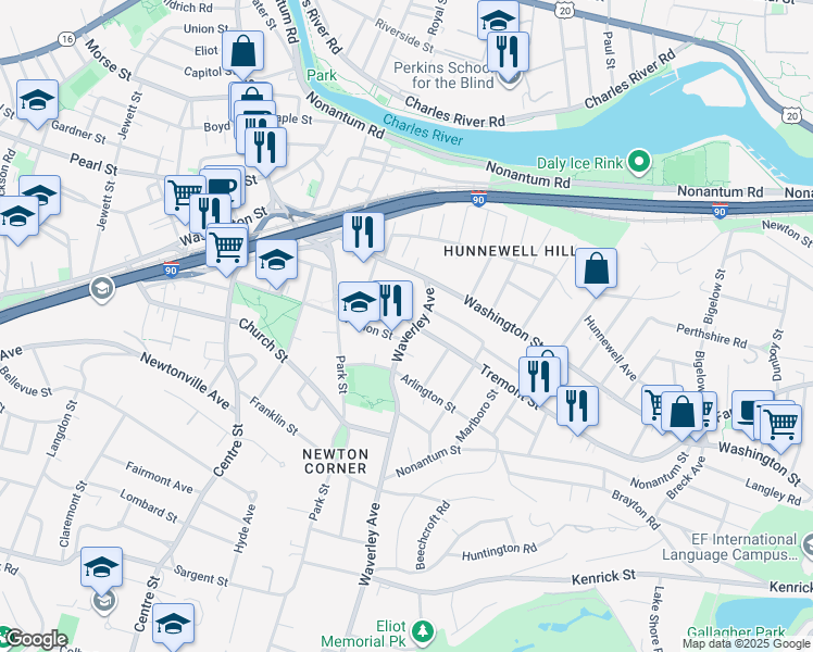 map of restaurants, bars, coffee shops, grocery stores, and more near 45 Waverley Avenue in Newton