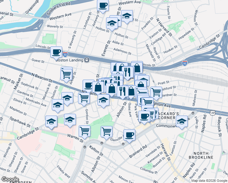 map of restaurants, bars, coffee shops, grocery stores, and more near Cambridge Street & Hano Street in Boston