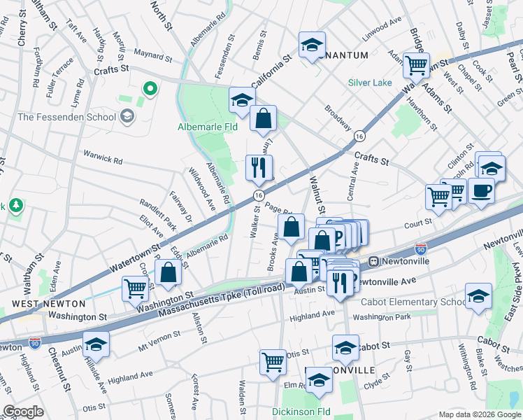 map of restaurants, bars, coffee shops, grocery stores, and more near in Newton