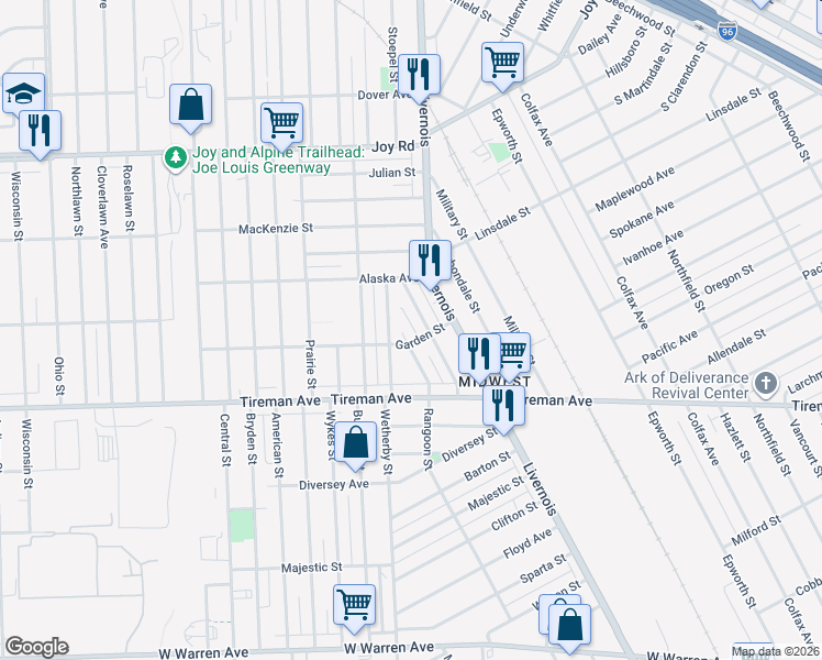 map of restaurants, bars, coffee shops, grocery stores, and more near 8170 Rangoon Street in Detroit