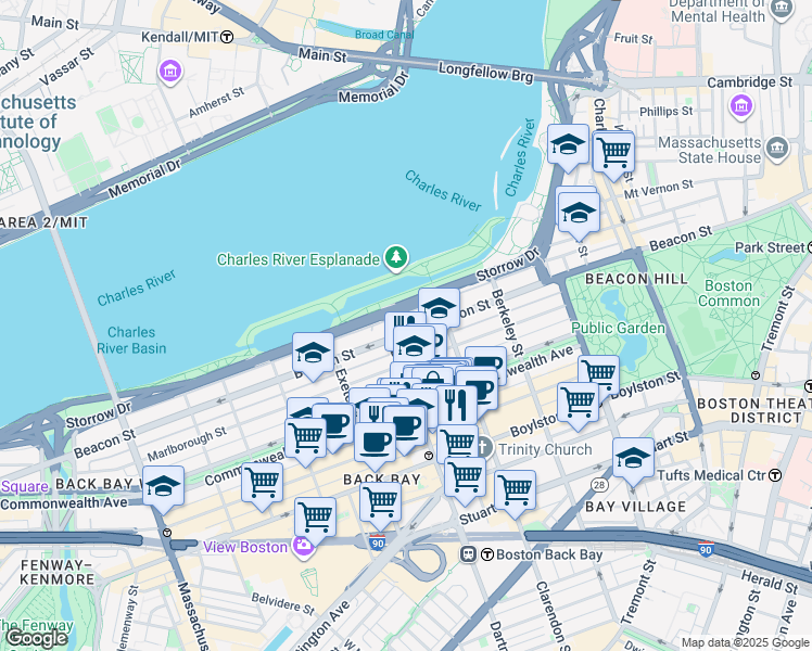 map of restaurants, bars, coffee shops, grocery stores, and more near 220 Beacon Street in Boston