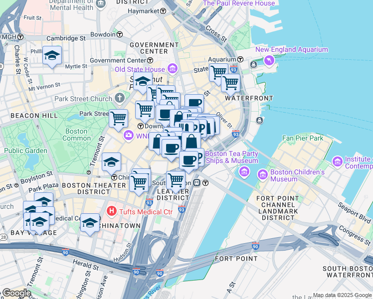 map of restaurants, bars, coffee shops, grocery stores, and more near 150 Federal Street in Boston