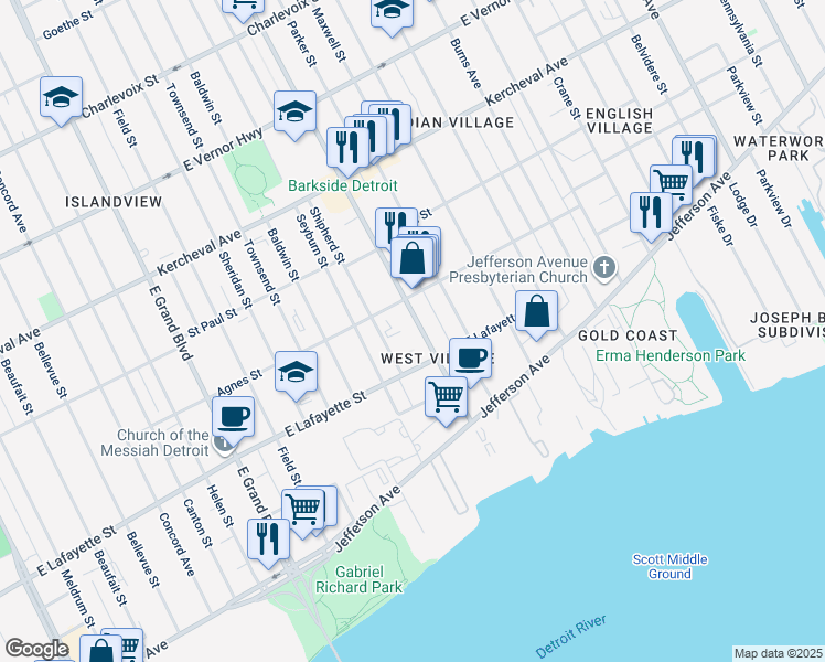 map of restaurants, bars, coffee shops, grocery stores, and more near 1071 Van Dyke Street in Detroit