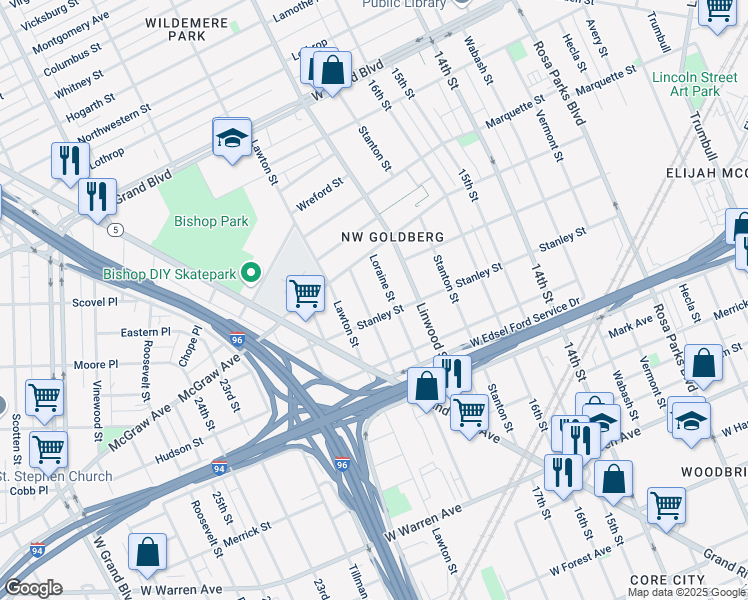 map of restaurants, bars, coffee shops, grocery stores, and more near 5738 Missouri Street in Detroit