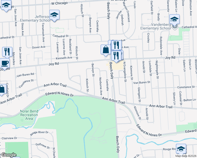 map of restaurants, bars, coffee shops, grocery stores, and more near 8551 Norborne Avenue in Dearborn Heights