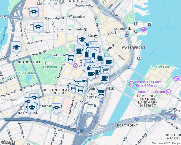 map of restaurants, bars, coffee shops, grocery stores, and more near in Boston