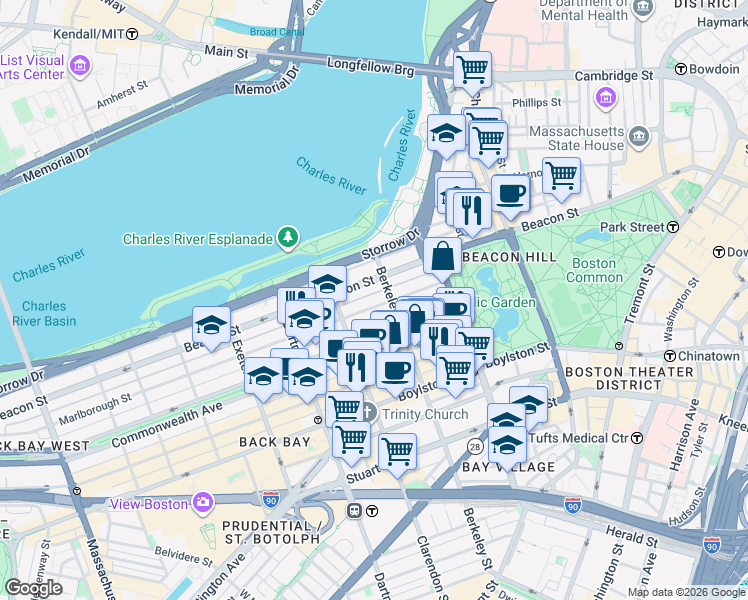 map of restaurants, bars, coffee shops, grocery stores, and more near 62 Marlborough Street in Boston