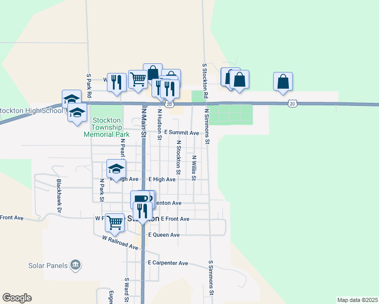 map of restaurants, bars, coffee shops, grocery stores, and more near 420 North Willis Street in Stockton