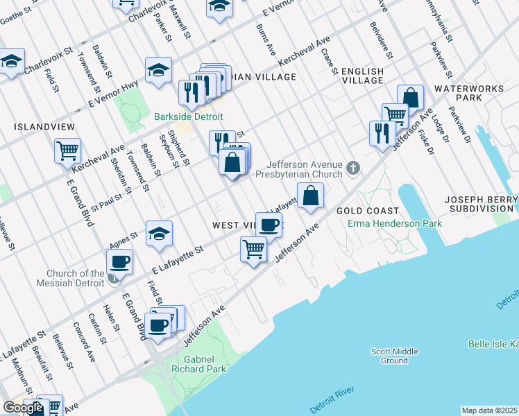 map of restaurants, bars, coffee shops, grocery stores, and more near 1006 Parker Street in Detroit