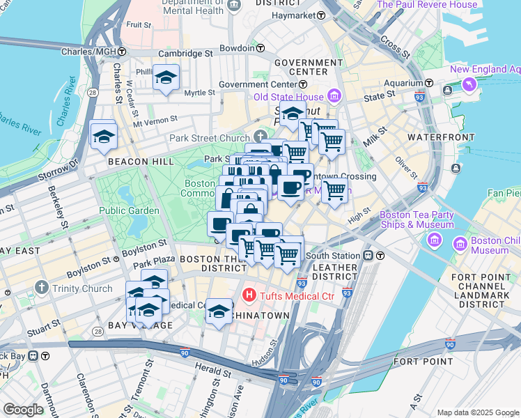 map of restaurants, bars, coffee shops, grocery stores, and more near 527 Washington Street in Boston
