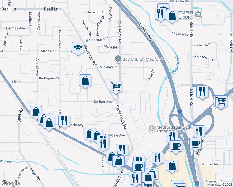 map of restaurants, bars, coffee shops, grocery stores, and more near 2541 Table Rock Road in Medford
