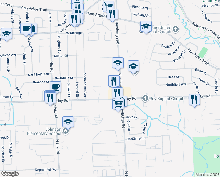 map of restaurants, bars, coffee shops, grocery stores, and more near 37521 Northfield Avenue in Livonia
