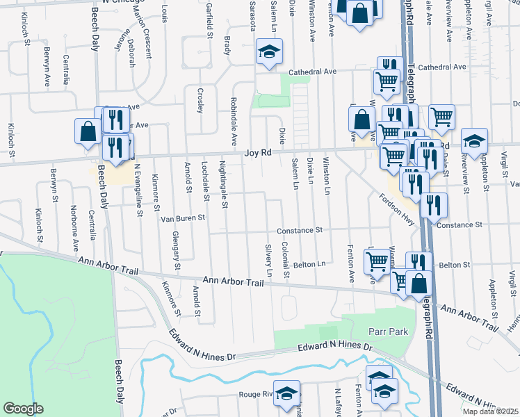 map of restaurants, bars, coffee shops, grocery stores, and more near 8463 Silvery Lane in Dearborn Heights