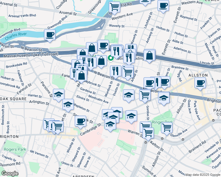 map of restaurants, bars, coffee shops, grocery stores, and more near 104 Dustin Street in Boston