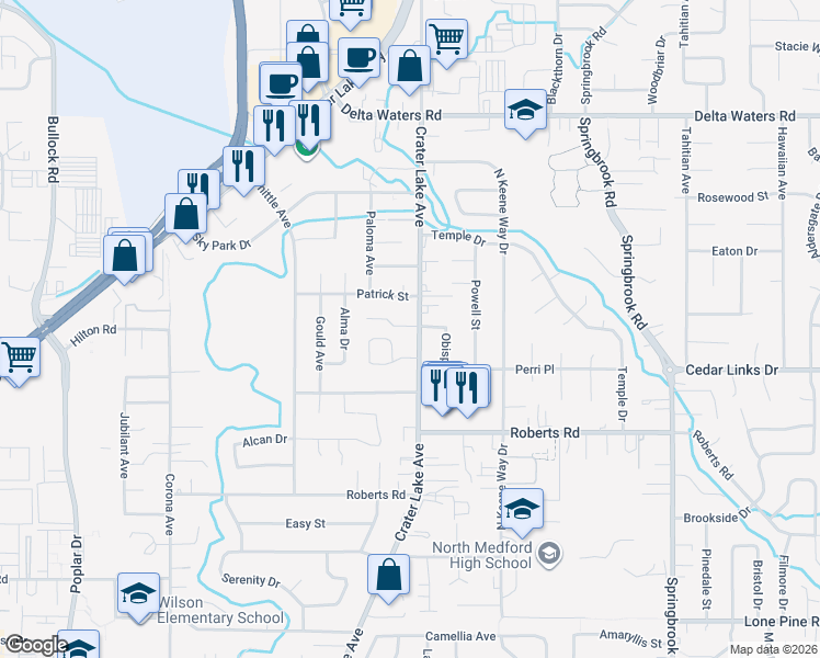 map of restaurants, bars, coffee shops, grocery stores, and more near 1990 Alpine Court in Medford