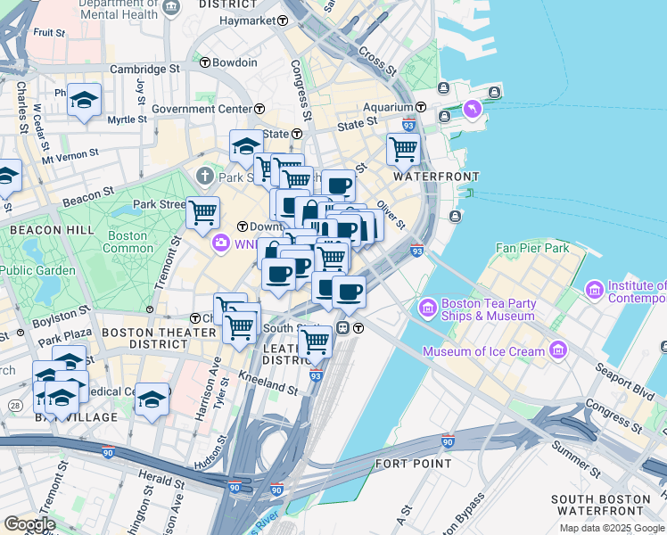 map of restaurants, bars, coffee shops, grocery stores, and more near 160 Federal Street in Boston