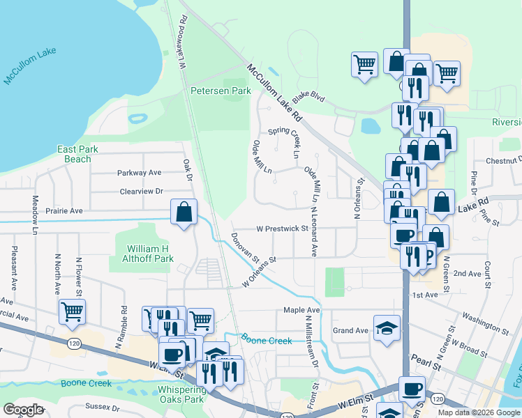 map of restaurants, bars, coffee shops, grocery stores, and more near 4003 Boone Creek Circle in McHenry