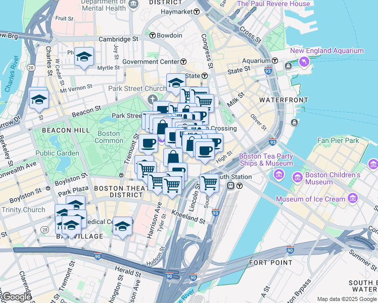 map of restaurants, bars, coffee shops, grocery stores, and more near in Boston