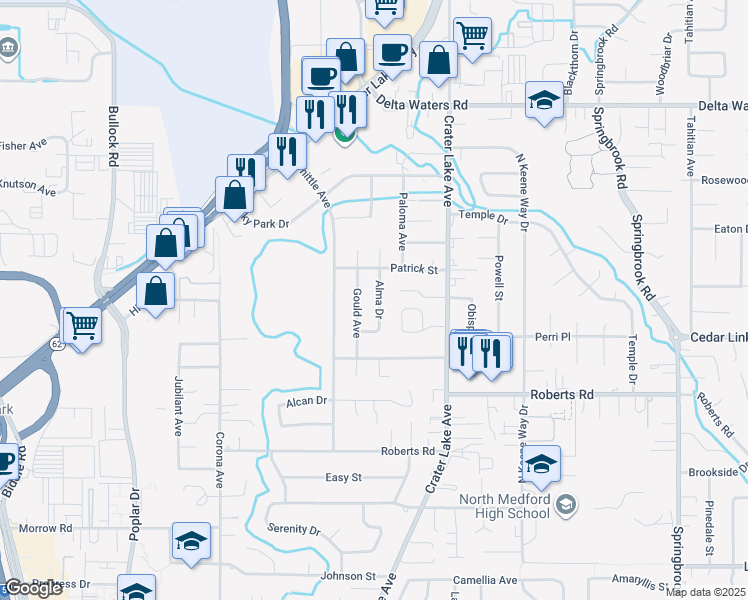 map of restaurants, bars, coffee shops, grocery stores, and more near 2509 Alma Drive in Medford