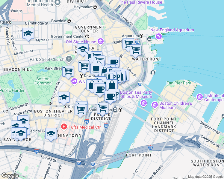map of restaurants, bars, coffee shops, grocery stores, and more near 138 - 164 Federal Street in Boston