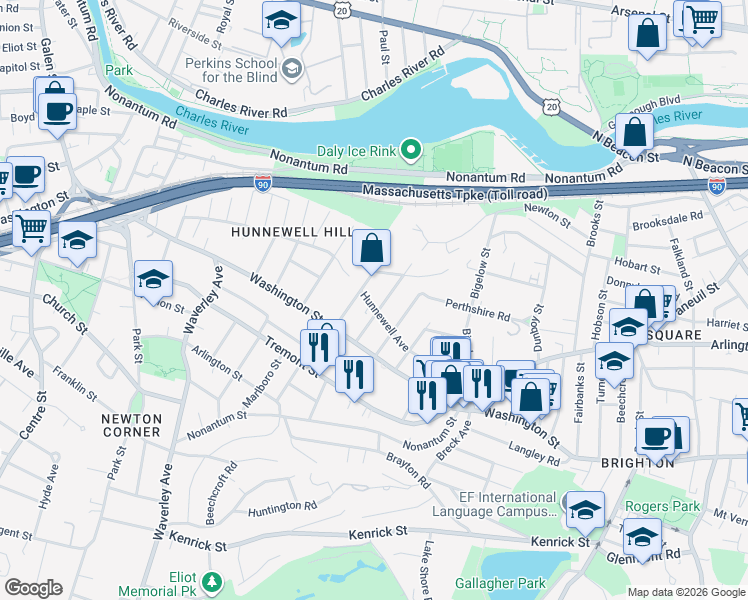 map of restaurants, bars, coffee shops, grocery stores, and more near 77 Hunnewell Avenue in Boston