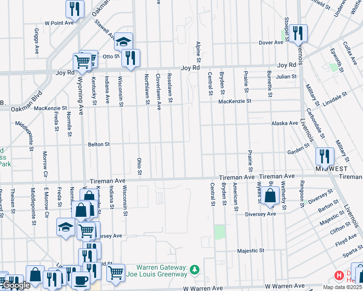 map of restaurants, bars, coffee shops, grocery stores, and more near 8155 Greenlawn Avenue in Detroit