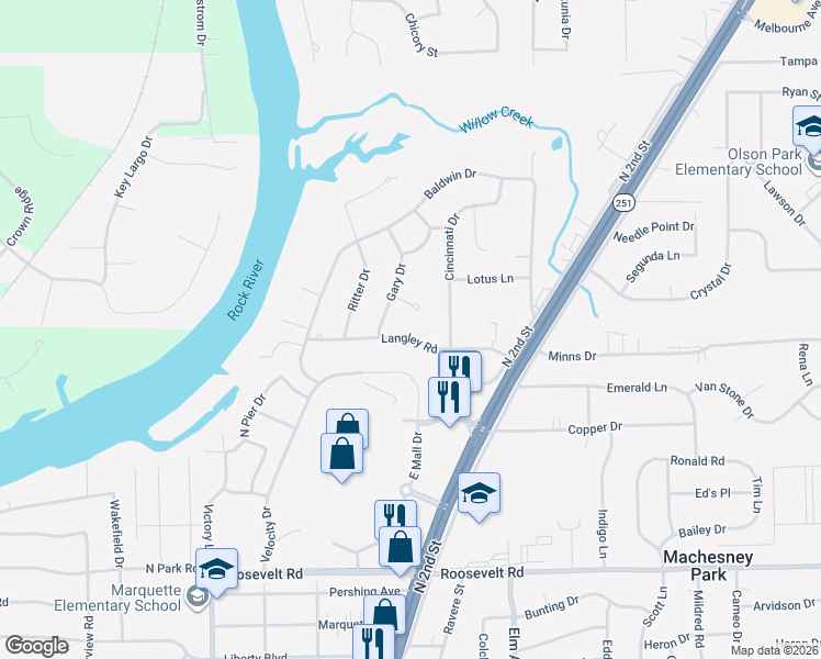 map of restaurants, bars, coffee shops, grocery stores, and more near 406 Langley Road in Machesney Park