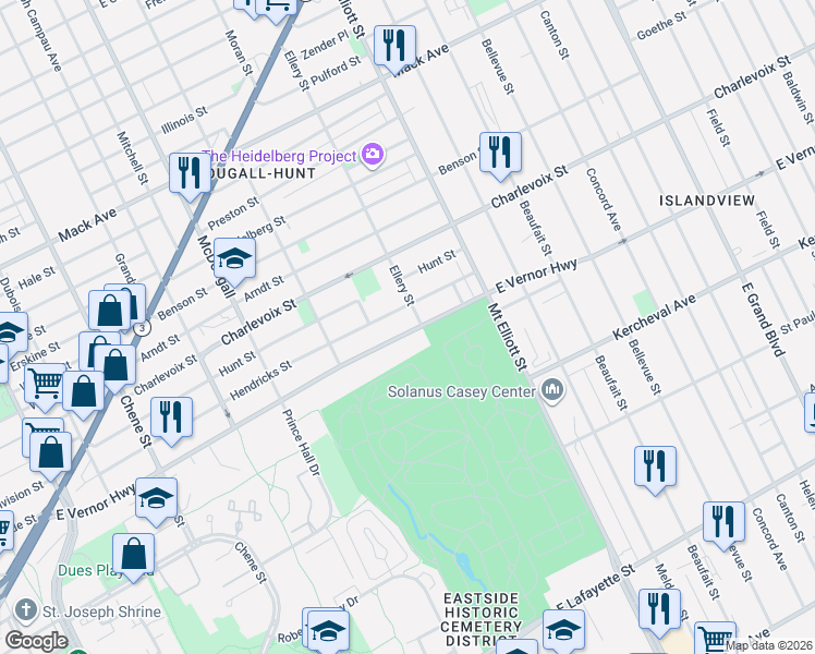 map of restaurants, bars, coffee shops, grocery stores, and more near 3449 East Vernor Highway in Detroit