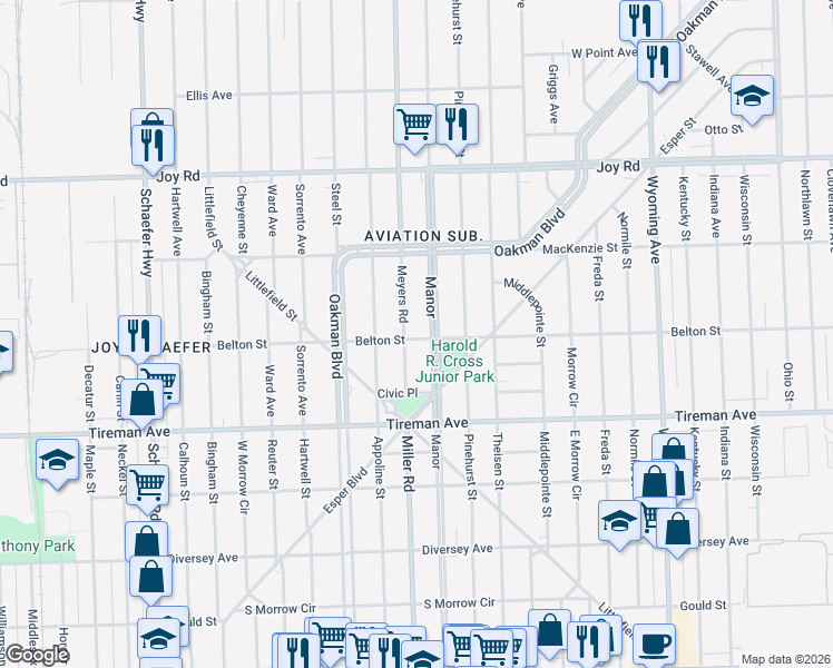 map of restaurants, bars, coffee shops, grocery stores, and more near 8200 Meyers Road in Detroit
