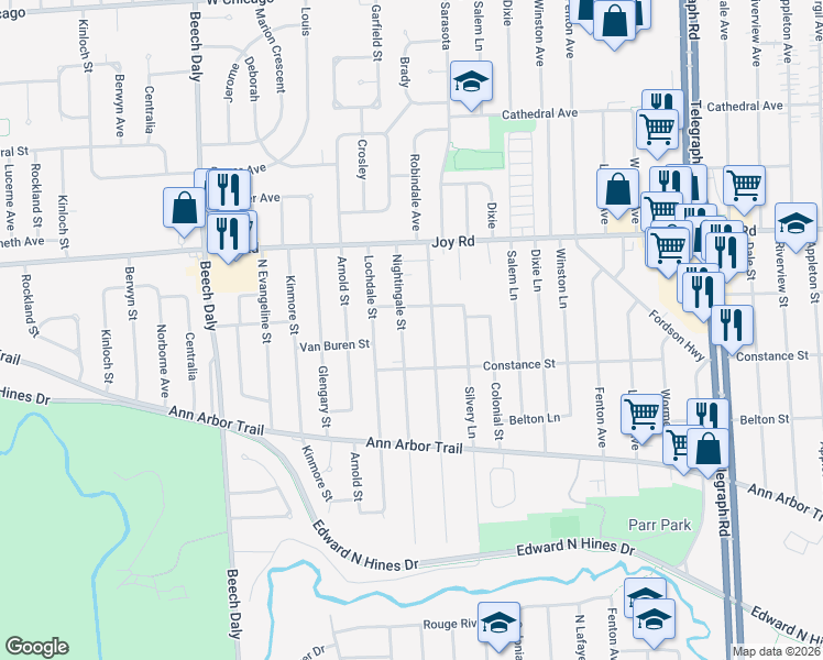 map of restaurants, bars, coffee shops, grocery stores, and more near 8476 Nightingale Street in Dearborn Heights