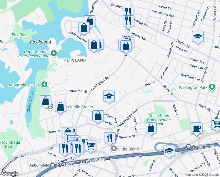 map of restaurants, bars, coffee shops, grocery stores, and more near 116 Albert Road in Newton