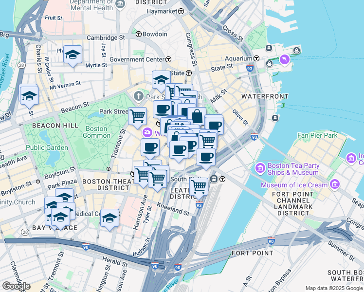 map of restaurants, bars, coffee shops, grocery stores, and more near 76 Summer Street in Boston