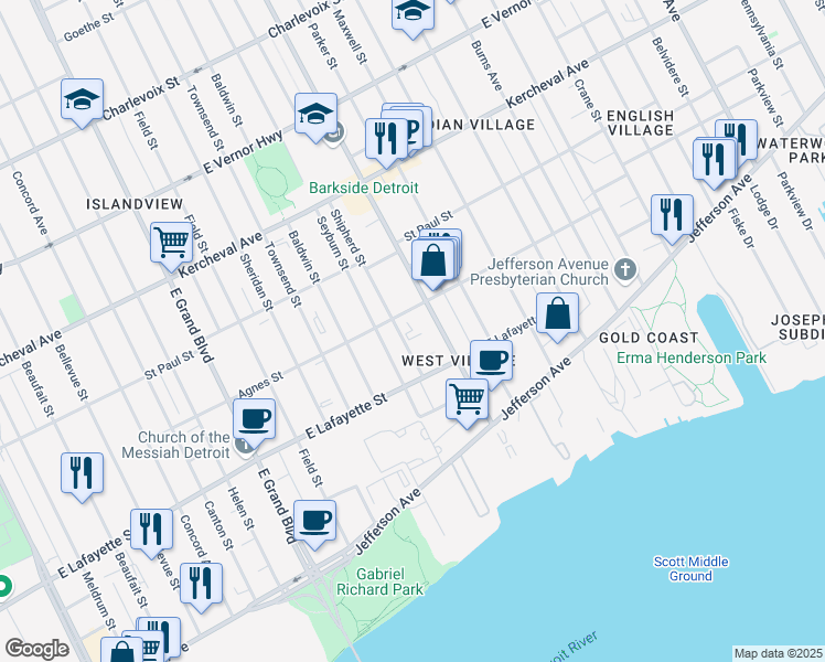map of restaurants, bars, coffee shops, grocery stores, and more near 1090 Shipherd Street in Detroit
