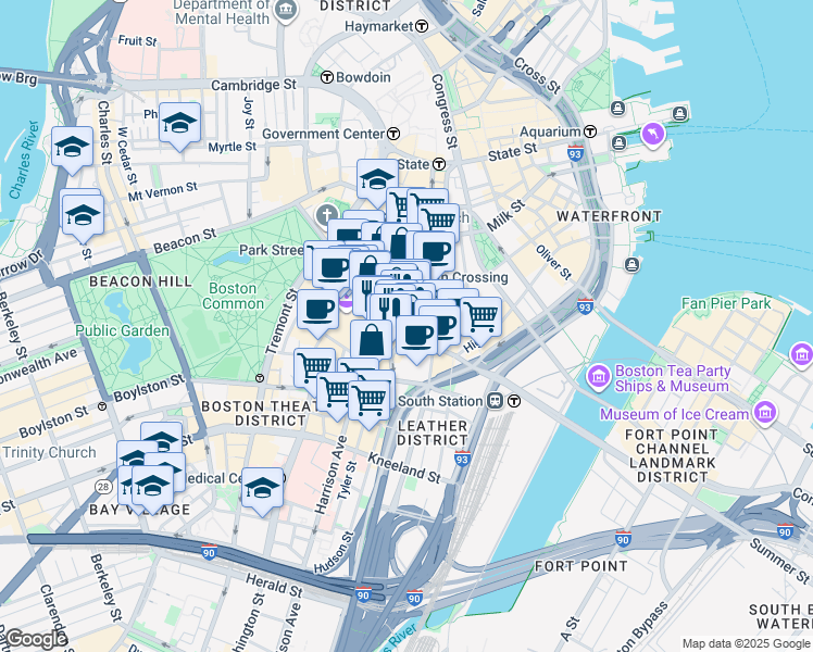 map of restaurants, bars, coffee shops, grocery stores, and more near in Boston