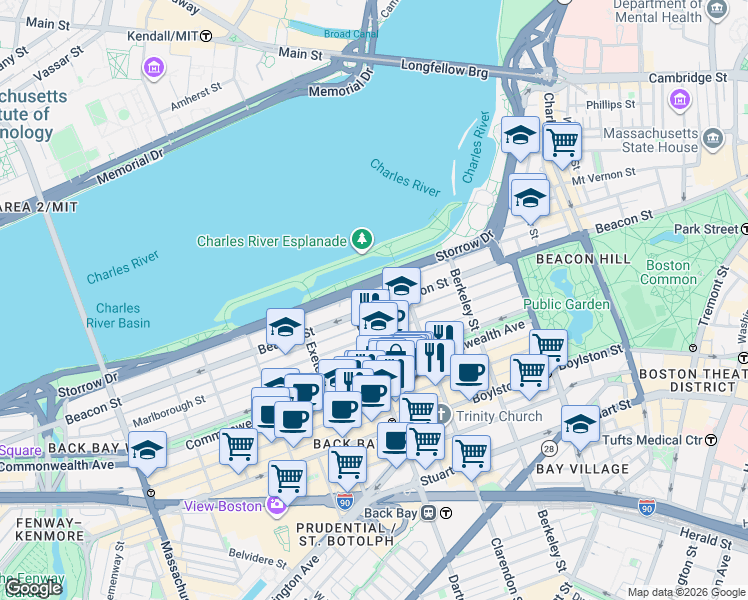map of restaurants, bars, coffee shops, grocery stores, and more near 232 Beacon Street in Boston