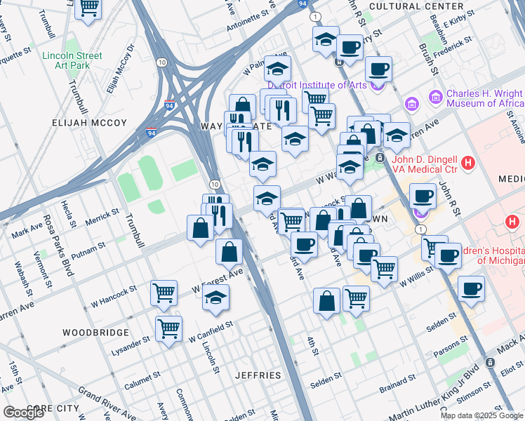 map of restaurants, bars, coffee shops, grocery stores, and more near 4800 4th Street in Detroit