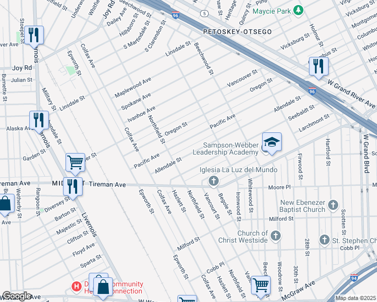 map of restaurants, bars, coffee shops, grocery stores, and more near 5342 Allendale Street in Detroit