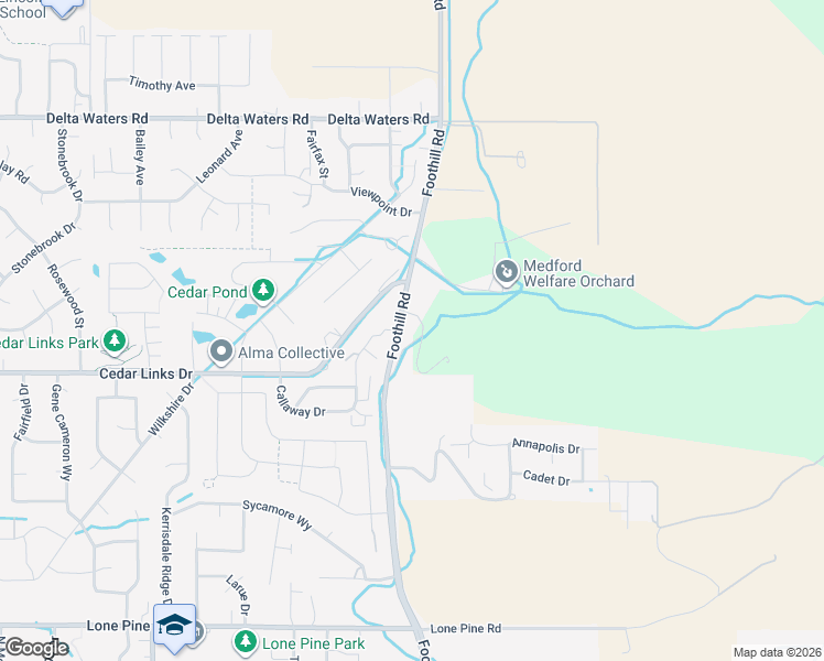 map of restaurants, bars, coffee shops, grocery stores, and more near 2616 North Foothill Road in Medford