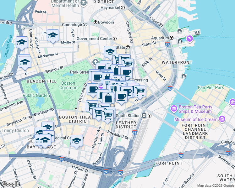 map of restaurants, bars, coffee shops, grocery stores, and more near in Boston