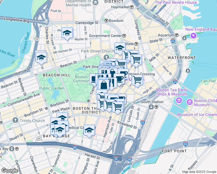 map of restaurants, bars, coffee shops, grocery stores, and more near 8 Harrison Avenue in Boston