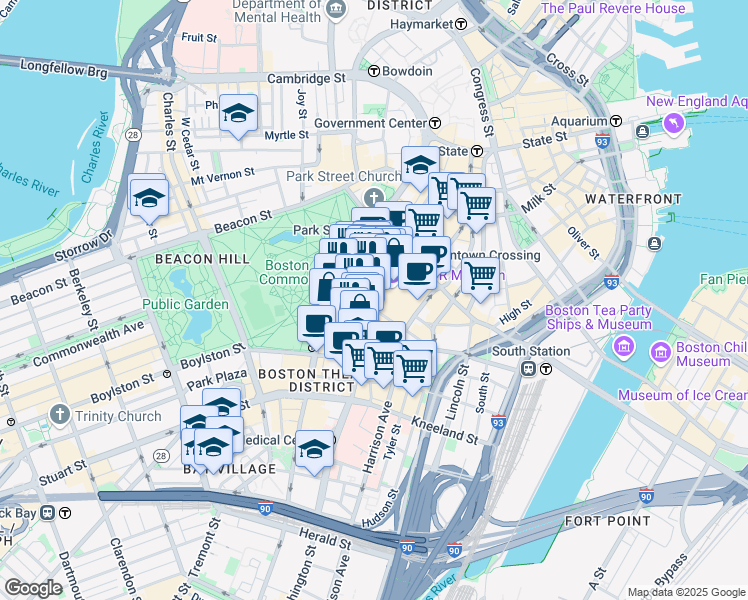 map of restaurants, bars, coffee shops, grocery stores, and more near 539 Washington Street in Boston
