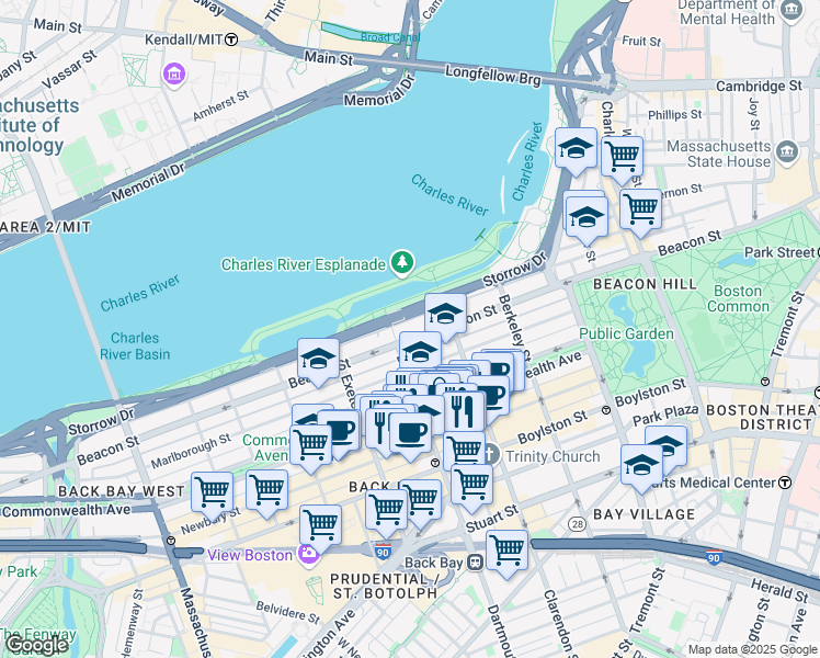 map of restaurants, bars, coffee shops, grocery stores, and more near 232 Beacon Street in Boston