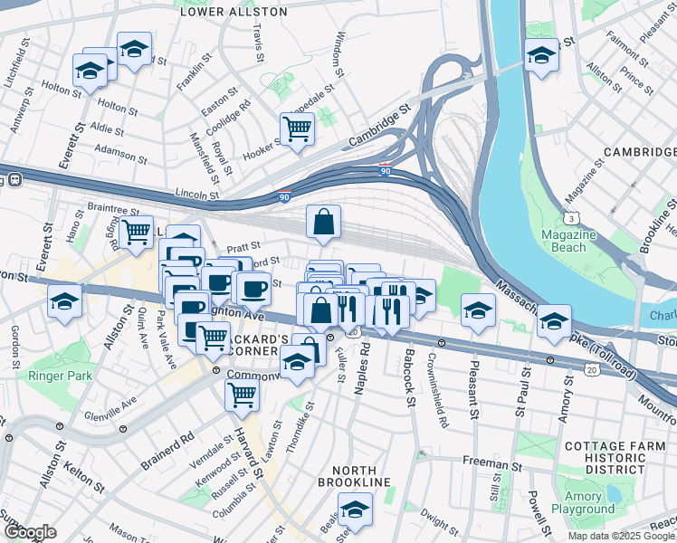 map of restaurants, bars, coffee shops, grocery stores, and more near 69 Ashford Street in Boston