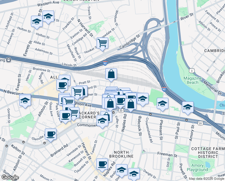 map of restaurants, bars, coffee shops, grocery stores, and more near 69 Ashford Street in Boston