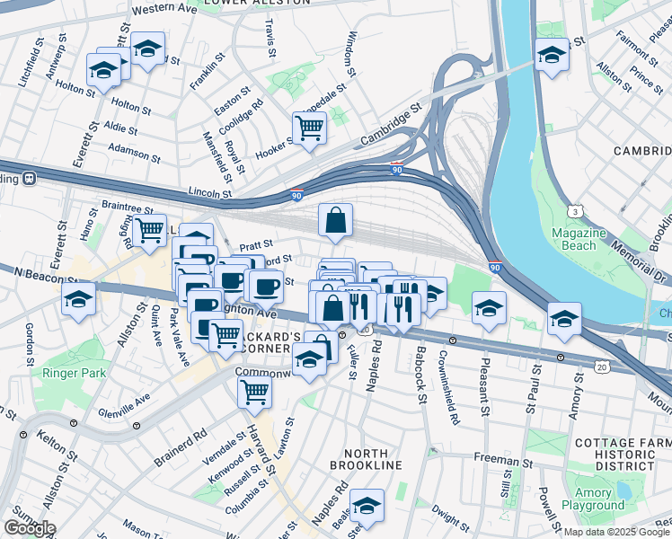 map of restaurants, bars, coffee shops, grocery stores, and more near 69 Ashford Street in Boston