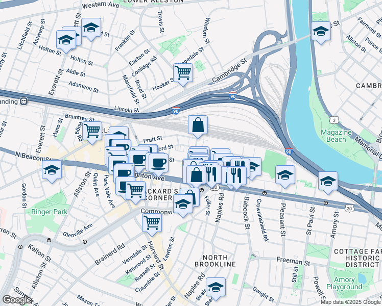 map of restaurants, bars, coffee shops, grocery stores, and more near 69 Ashford Street in Boston