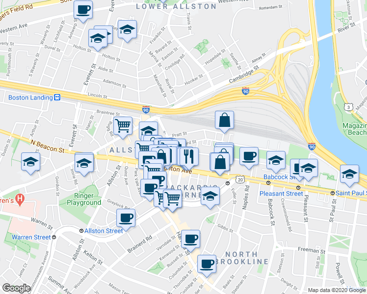 map of restaurants, bars, coffee shops, grocery stores, and more near in Boston
