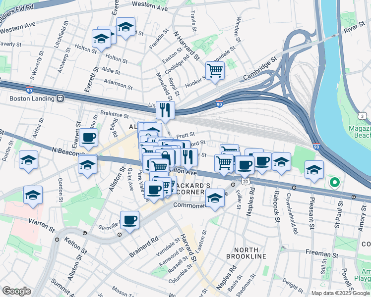 map of restaurants, bars, coffee shops, grocery stores, and more near 44 Linden Street in Boston