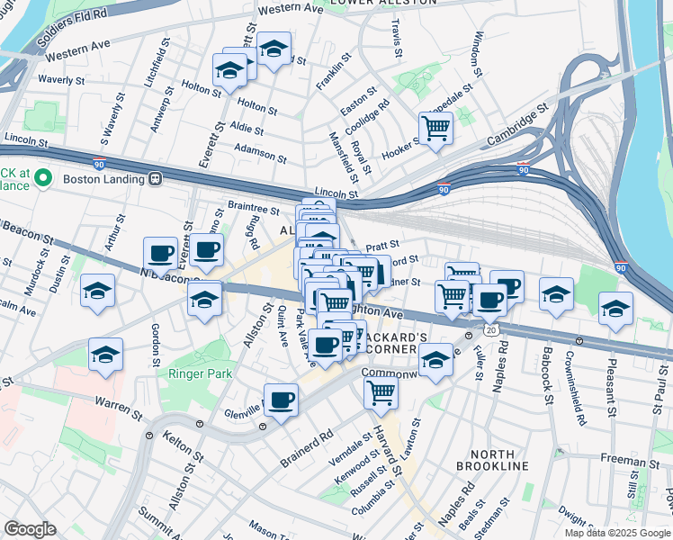 map of restaurants, bars, coffee shops, grocery stores, and more near 9 Farrington Avenue in Boston